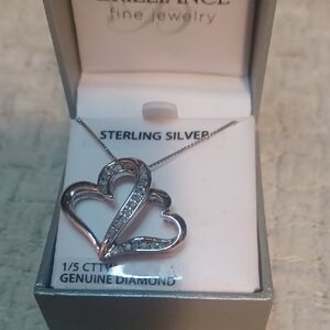 Sterling Silver Double Heart Pendant Necklace with Diamond Accents - Silver